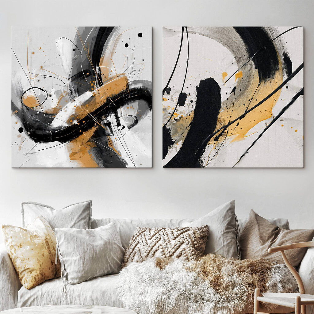 Two art pieces of black and yellow paint Two art pieces of black and yellow paint