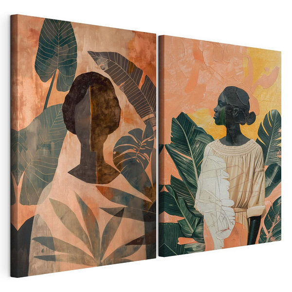 Collage de tableaux représentant une femme et une femme entourée de feuilles Impression sur toile modulaire Collage de tableaux représentant une femme et une femme entourée de feuilles