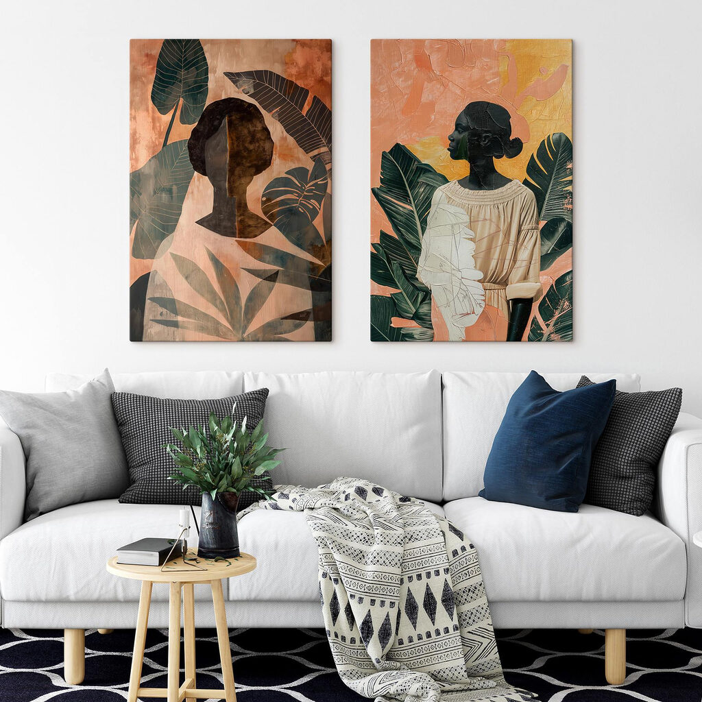 Collage of paintings of a woman and a woman with leaves