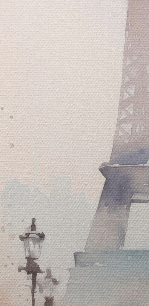 Watercolor painting of a city street and a woman walking with an umbrella