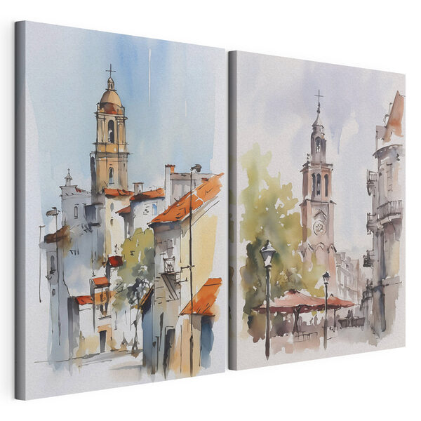 Aquarelle représentant une église et un bâtiment Impression sur toile modulaire Aquarelle représentant une église et un bâtiment