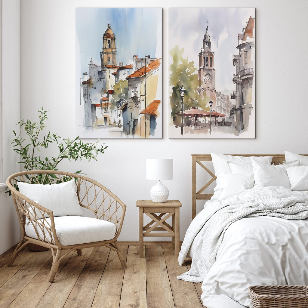Watercolor of a church and a building Watercolor of a church and a building