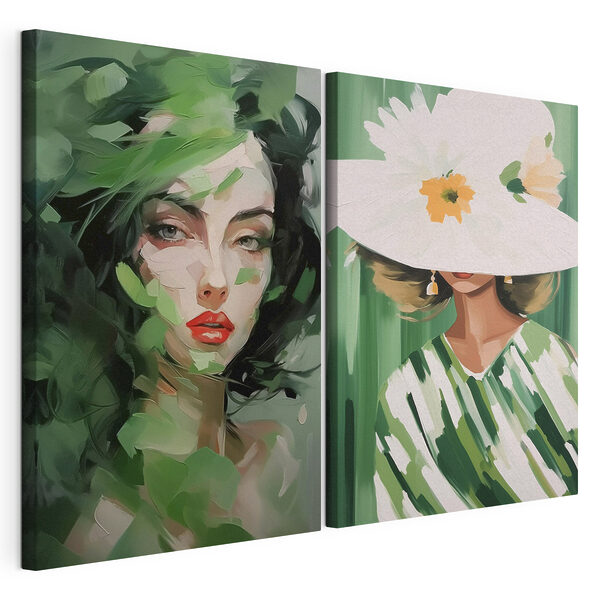 Deux photos de femmes avec des feuilles Impression sur toile modulaire Deux photos de femmes avec des feuilles
