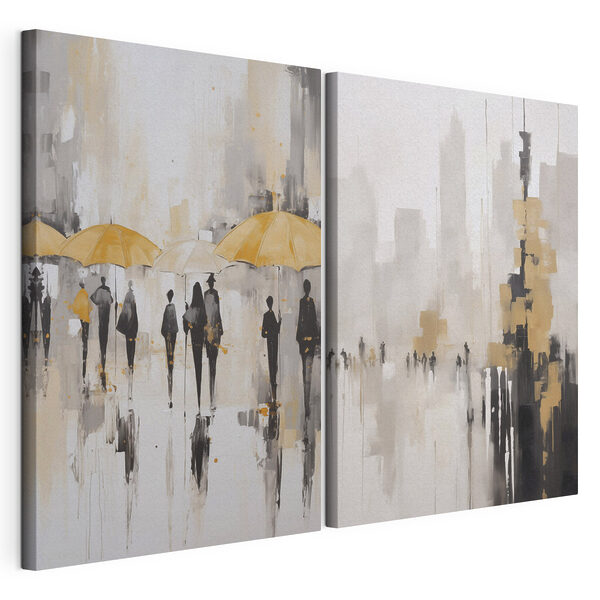 Impression sur toile modulaire Tableau représentant des personnes marchant avec des parapluies