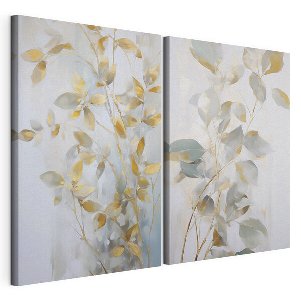 Peinture représentant des feuilles sur un mur Impression sur toile modulaire Peinture représentant des feuilles sur un mur
