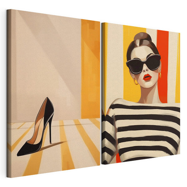 Femme portant des lunettes de soleil et un t-shirt rayé Impression sur toile modulaire Femme portant des lunettes de soleil et un t-shirt rayé