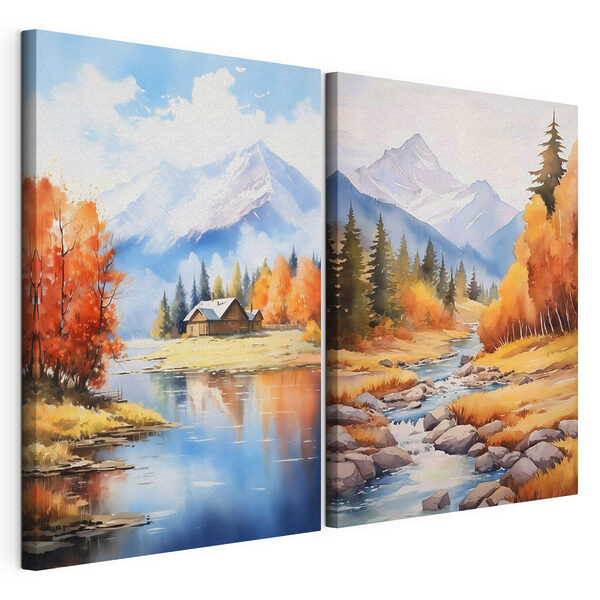 Impression sur toile modulaire Aquarelle représentant une maison et une rivière