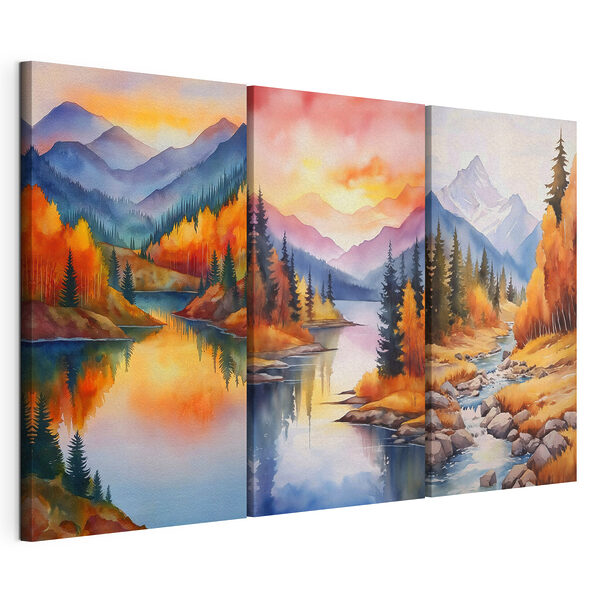 Group of paintings of a river and mountains Group of paintings of a river and mountains
