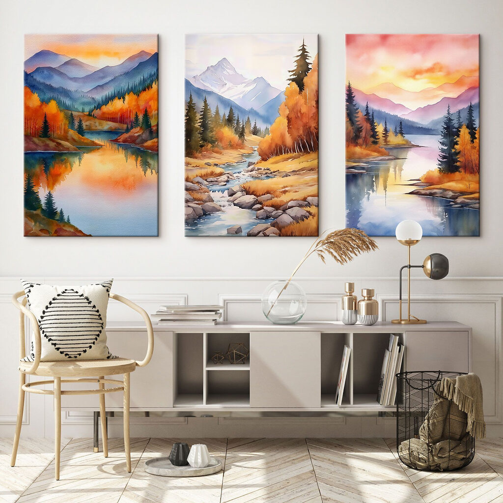 Group of paintings of a river and mountains Group of paintings of a river and mountains