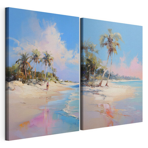 Impression sur toile modulaire Tableau représentant une plage et des palmiers