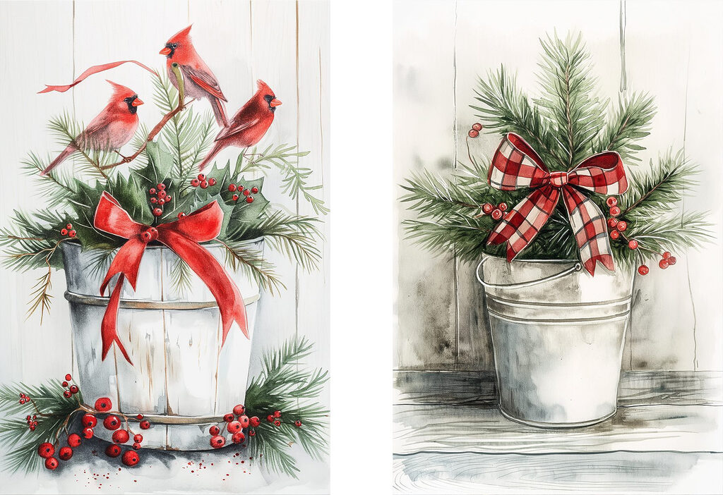 Two watercolor paintings of birds and a bucket of plants Two watercolor paintings of birds and a bucket of plants