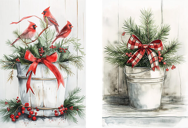 Two watercolor paintings of birds and a bucket of plants Two watercolor paintings of birds and a bucket of plants