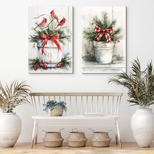 Two watercolor paintings of birds and a bucket of plants Two watercolor paintings of birds and a bucket of plants