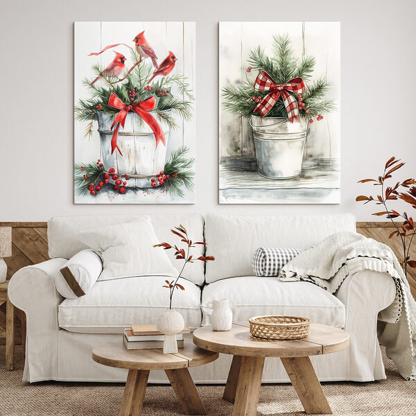 Two watercolor paintings of birds and a bucket of plants Two watercolor paintings of birds and a bucket of plants