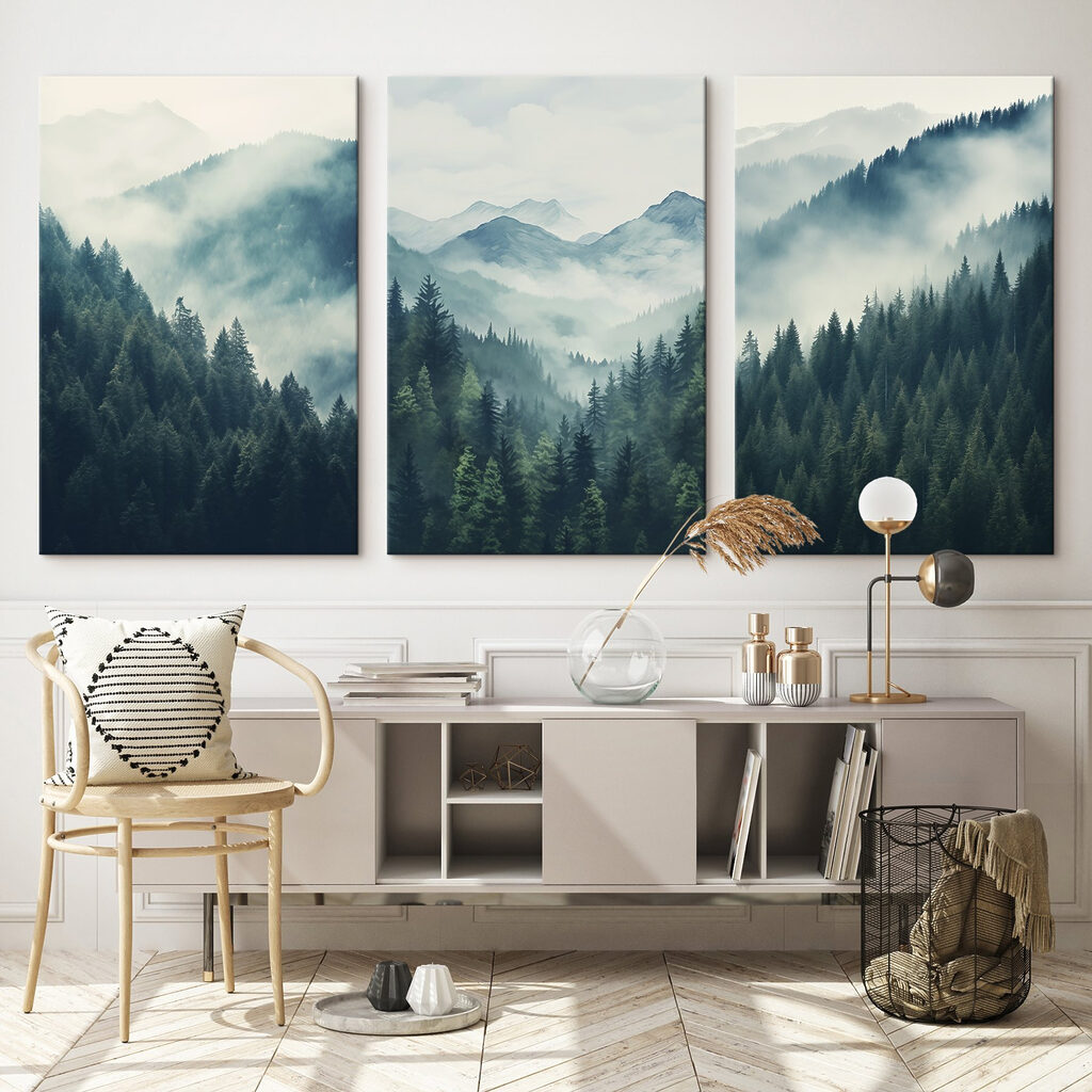 Group of mountains with trees and fog