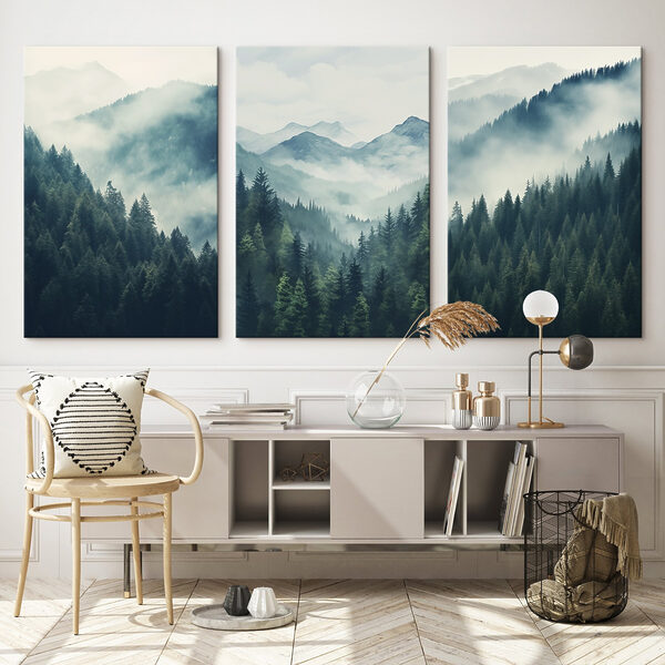 Group of mountains with trees and fog
