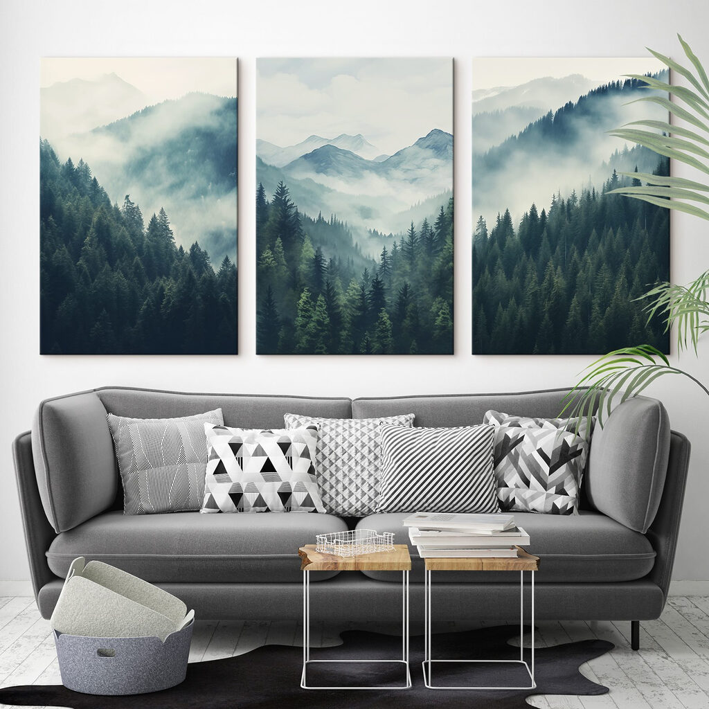 Group of mountains with trees and fog
