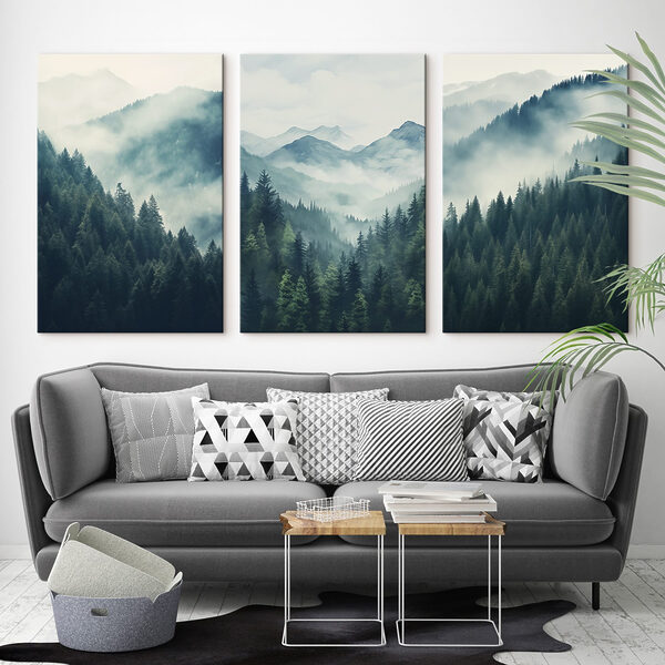 Group of mountains with trees and fog