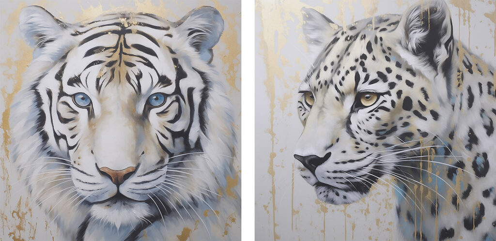 Two paintings of tigers and leopards Two paintings of tigers and leopards