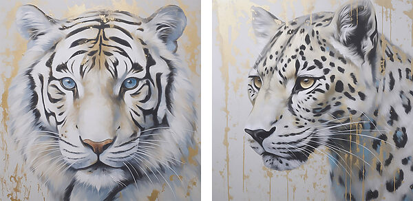 Two paintings of tigers and leopards Two paintings of tigers and leopards