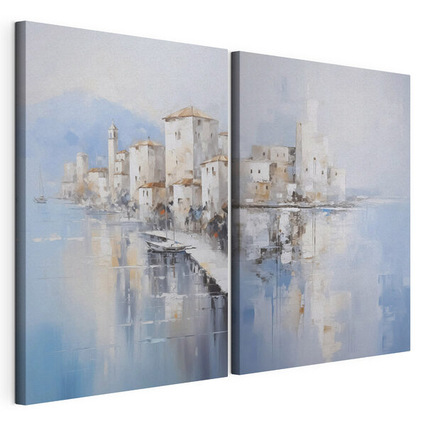 Peinture représentant une ville et un plan d'eau Impression sur toile modulaire Peinture représentant une ville et un plan d'eau