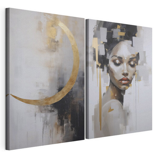 Un tableau représentant une femme et un tableau représentant la lune Impression sur toile modulaire Un tableau représentant une femme et un tableau représentant la lune