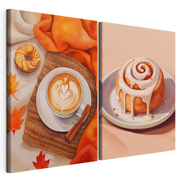 Une tasse de café et un roulé à la cannelle Impression sur toile modulaire Une tasse de café et un roulé à la cannelle