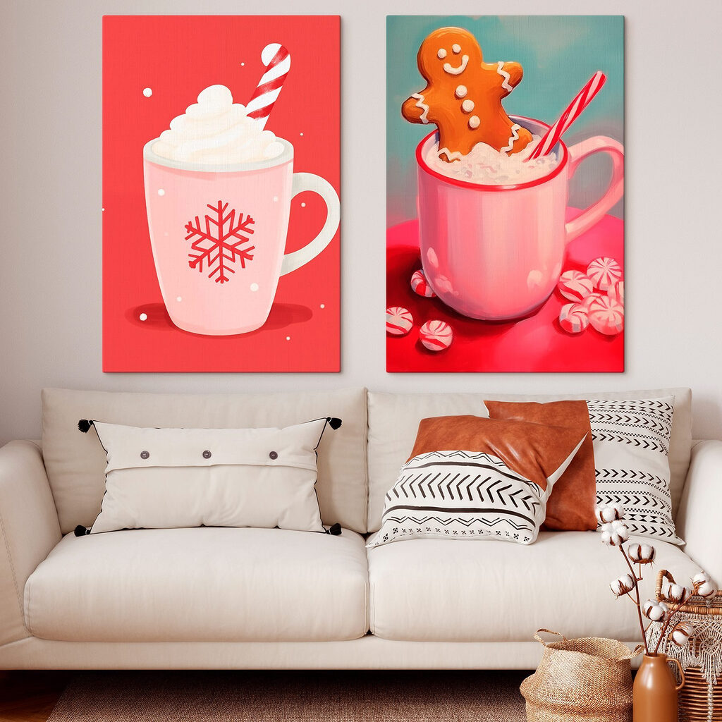 Couple mugs of hot chocolate and a gingerbread man