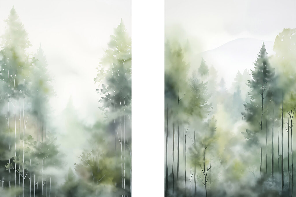 Painting of trees in fog Painting of trees in fog