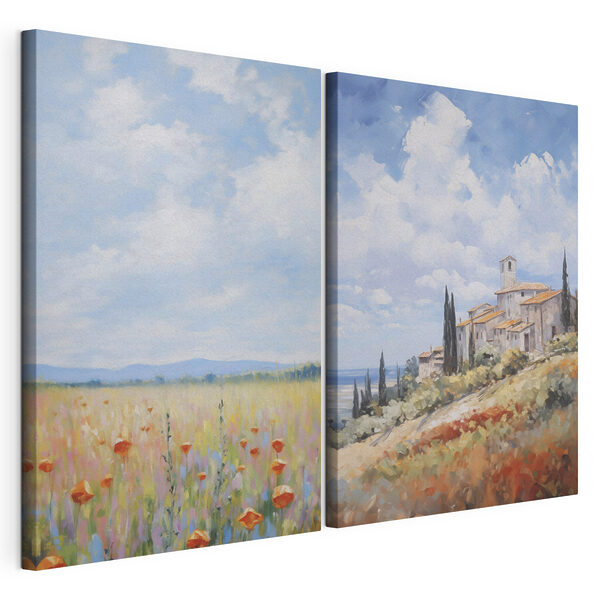 Impression sur toile modulaire Peinture représentant un paysage avec un bâtiment et un champ de fleurs