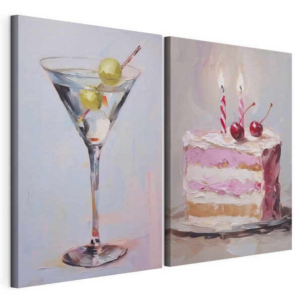 Peinture représentant un gâteau et un verre à martini garni de fruits Impression sur toile modulaire Peinture représentant un gâteau et un verre à martini garni de fruits