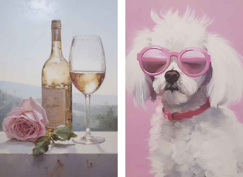 Painting of a dog and a wine glass Painting of a dog and a wine glass