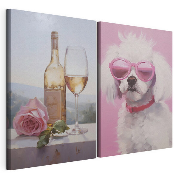 Tableau représentant un chien et un verre à vin Impression sur toile modulaire Tableau représentant un chien et un verre à vin