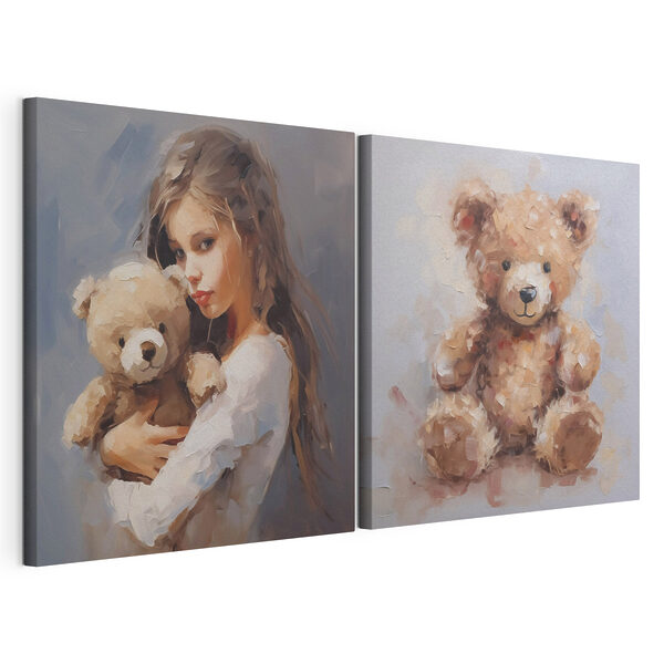 Impression sur toile modulaire Une petite fille tenant un ours en peluche