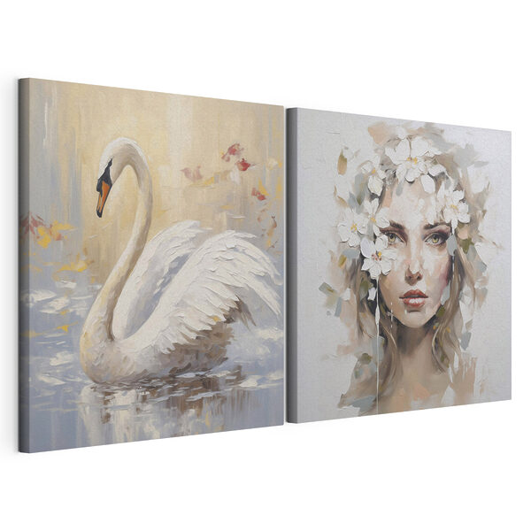 Tableau représentant une femme avec des fleurs dans les cheveux et un cygne Impression sur toile modulaire Tableau représentant une femme avec des fleurs dans les cheveux et un cygne