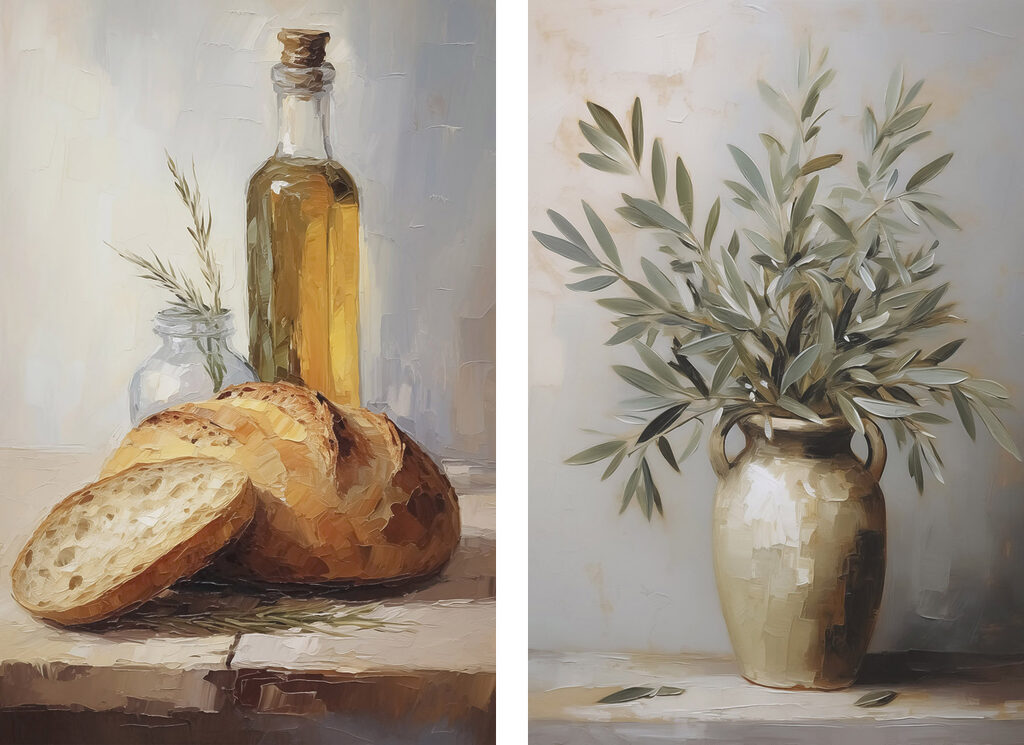 Painting of food and a vase of olive oil Painting of food and a vase of olive oil