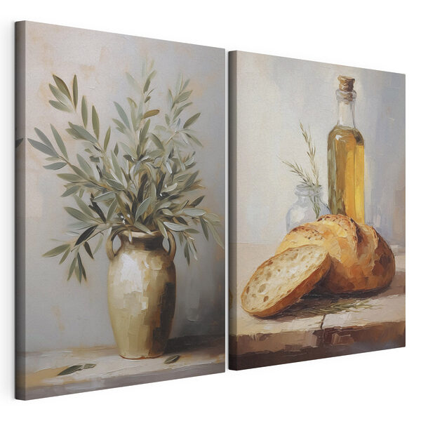 Peinture représentant des aliments et un vase d'huile d'olive Impression sur toile modulaire Peinture représentant des aliments et un vase d'huile d'olive