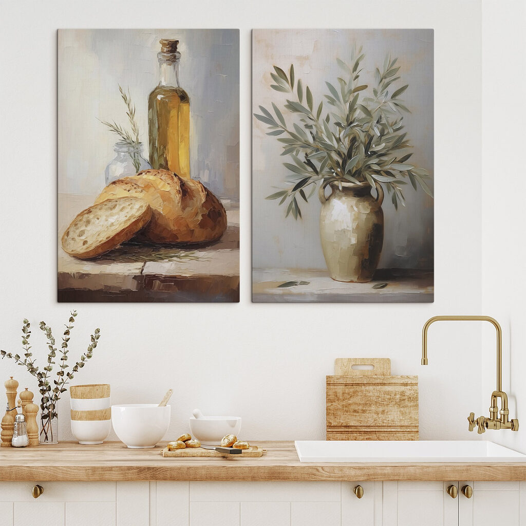 Painting of food and a vase of olive oil Painting of food and a vase of olive oil