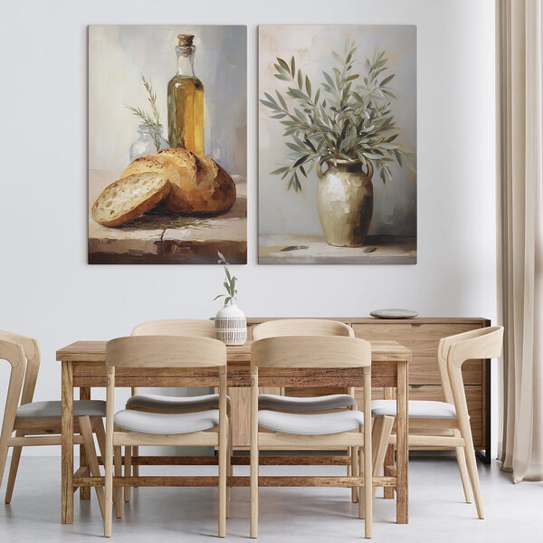 Painting of food and a vase of olive oil Painting of food and a vase of olive oil