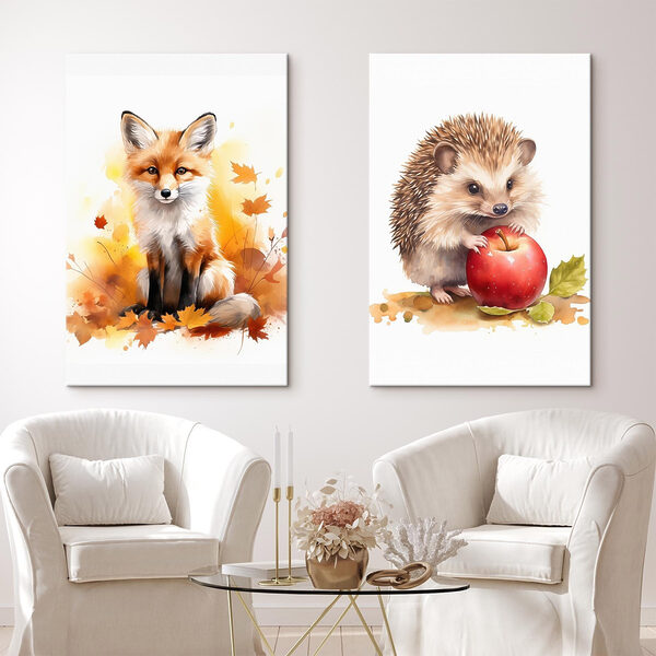 Fox and hedgehog holding an apple
