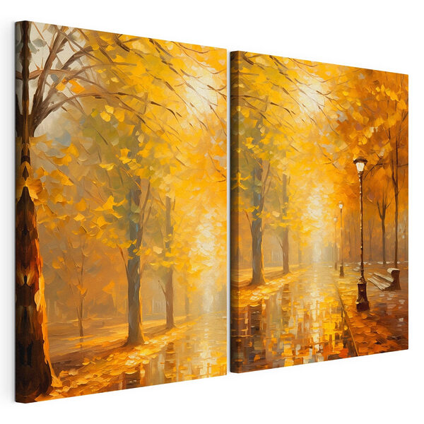 Peinture représentant une rue avec des arbres et un lampadaire Impression sur toile modulaire Peinture représentant une rue avec des arbres et un lampadaire