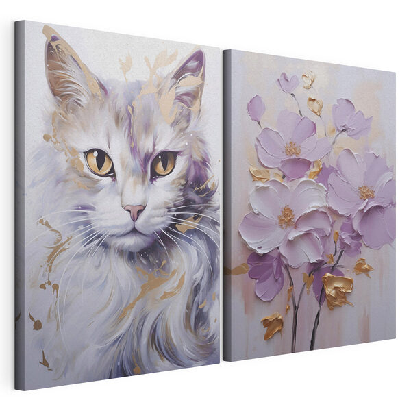 Une peinture représentant un chat et une peinture représentant des fleurs Impression sur toile modulaire Une peinture représentant un chat et une peinture représentant des fleurs
