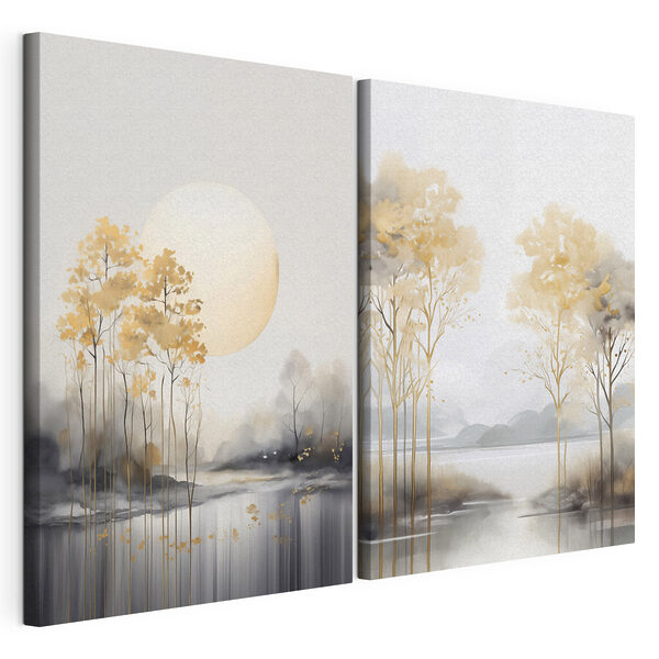 Impression sur toile modulaire Peinture représentant des arbres et un lac