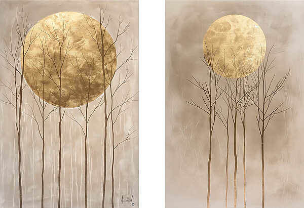 Two paintings of trees and the moon Two paintings of trees and the moon