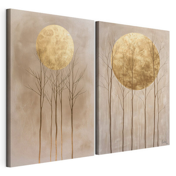 Deux tableaux représentant des arbres et la lune Impression sur toile modulaire Deux tableaux représentant des arbres et la lune