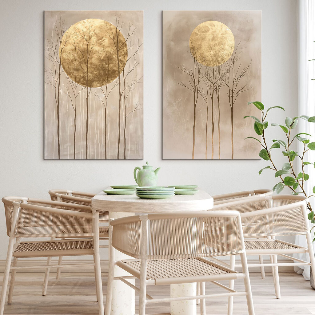 Two paintings of trees and the moon Two paintings of trees and the moon