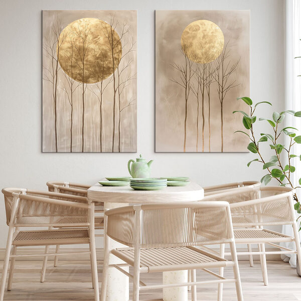 Two paintings of trees and the moon Two paintings of trees and the moon