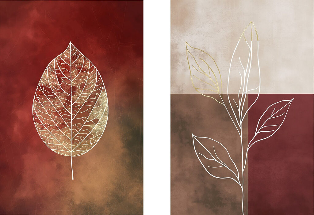 - Elegant leaf outlines on warm hues - Elegant leaf outlines on warm hues