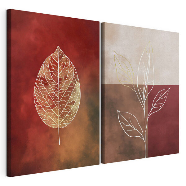 - Des contours de feuilles élégants sur des teintes chaudes Impression sur toile modulaire - Des contours de feuilles élégants sur des teintes chaudes