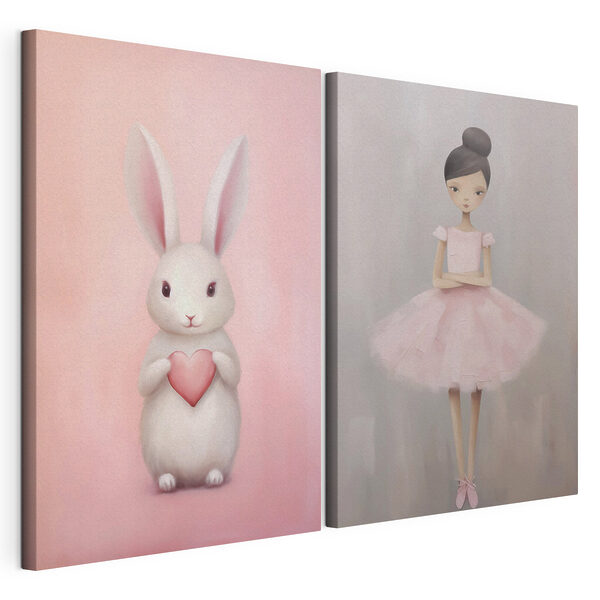 Deux tableaux représentant une fillette et un lapin Impression sur toile modulaire Deux tableaux représentant une fillette et un lapin
